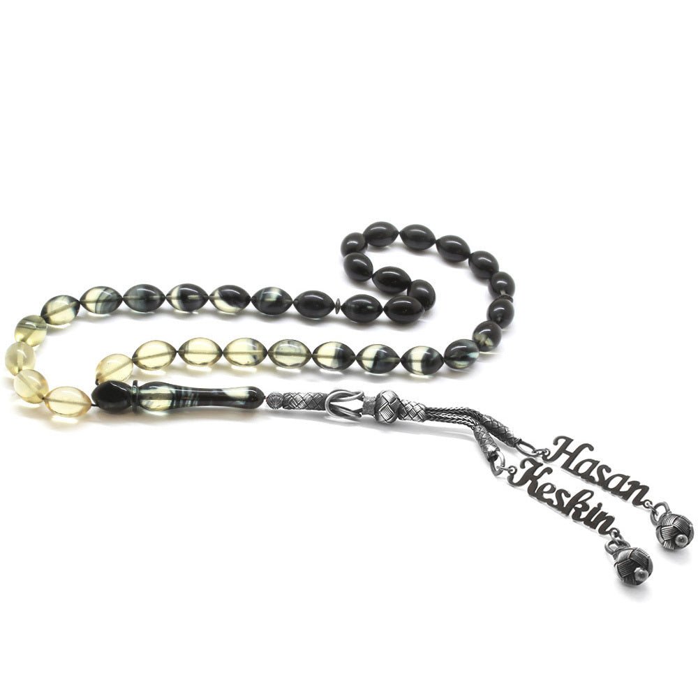 1000 Carat Double Kazaz Tassels White - Black Rosary with Name Written - EFENDINA PAZAR - Tesbihane - 101001874