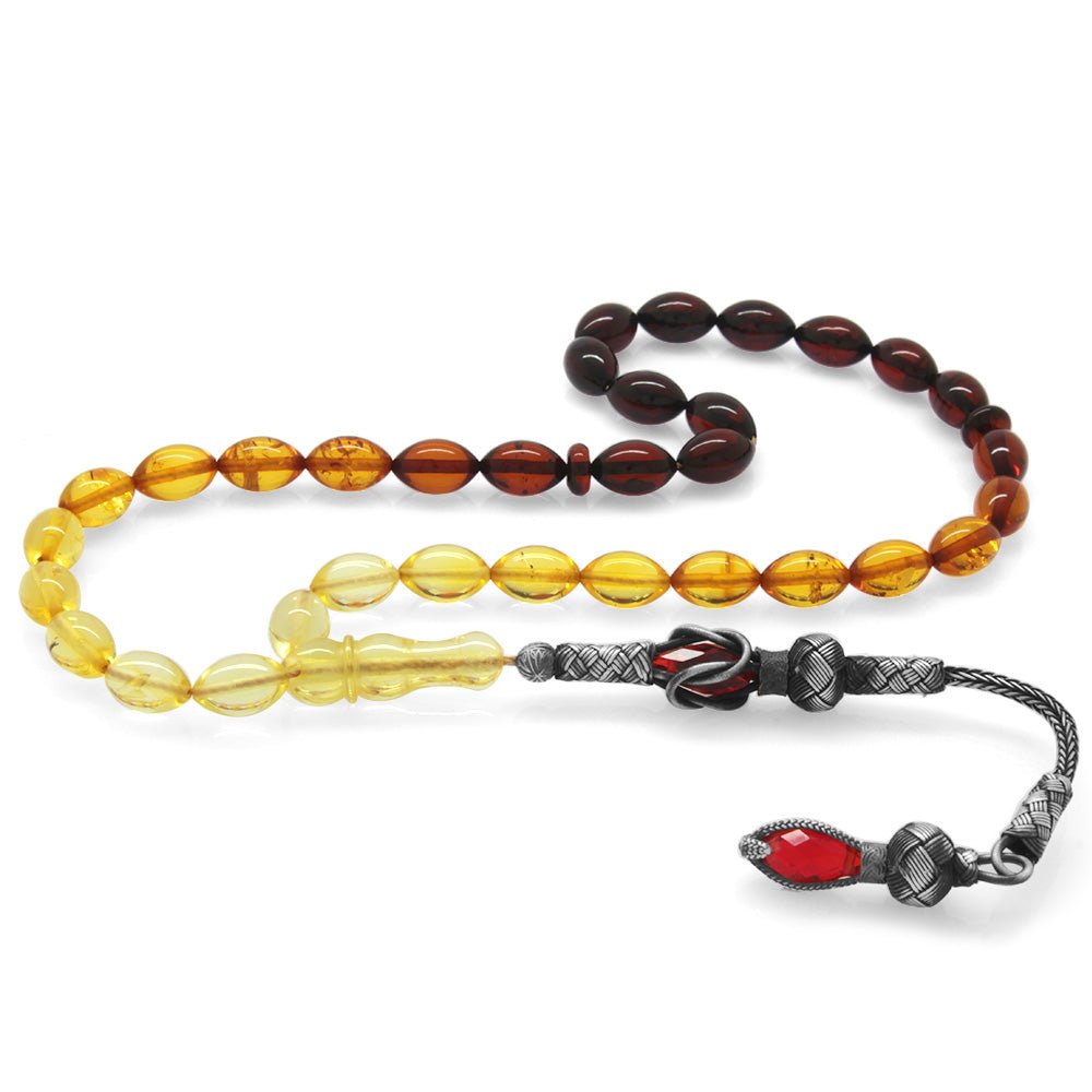 1000 Carat Red Solitaire Kazaz Tasseled Barley Cut Yellow - Red Drop Amber Rosary - EFENDINA PAZAR - Tesbihane - 101003075