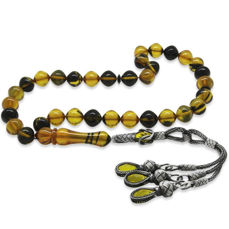 1000 Carat Silver Kazaz Tassel Istanbul Cut Yellow - Black Fire Amber Rosary - EFENDINA PAZAR - Tesbihane - 101004730