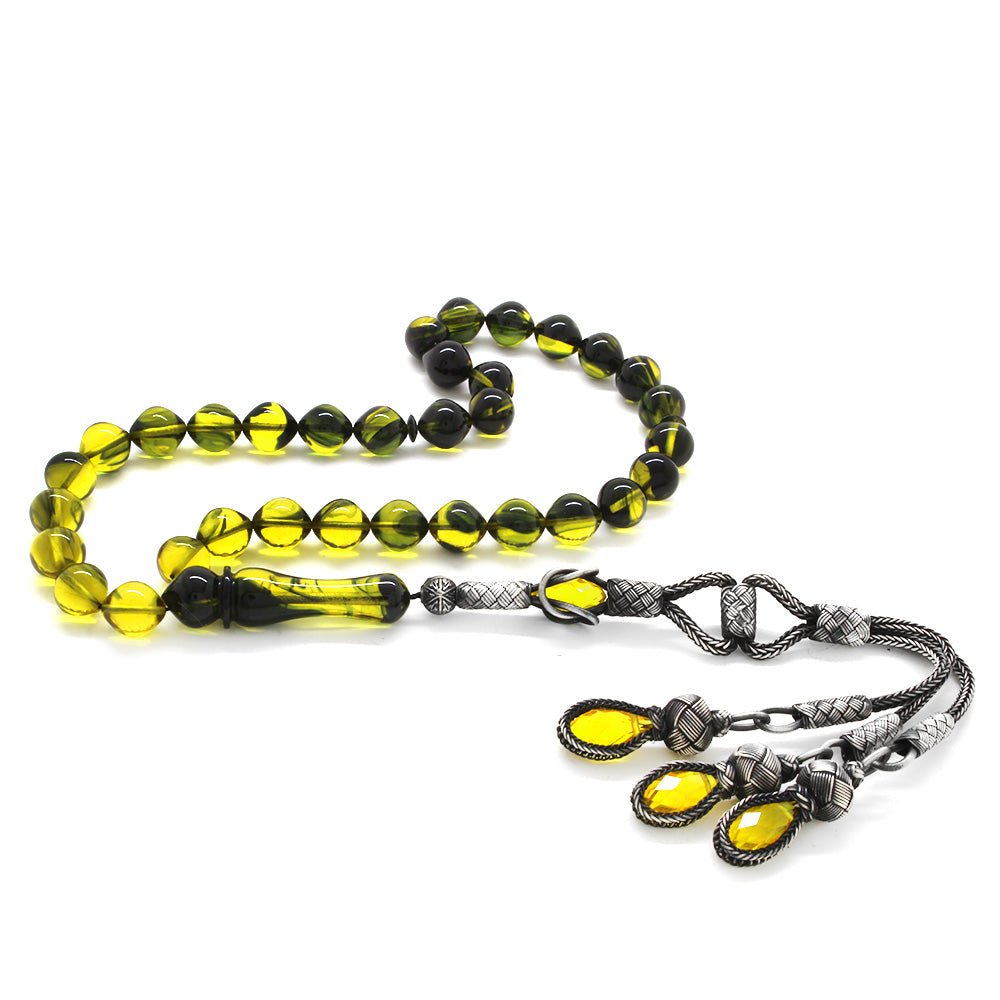 1000 Carat Silver Kazaz Tassel Yellow - Black Fire Amber Rosary - EFENDINA PAZAR - Tesbihane - 101002356