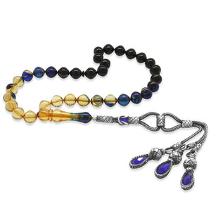 1000 Carat Silver Kazaz Tasseled Blue - White Fire Amber Rosary - EFENDINA PAZAR - Tesbihane - 101002353