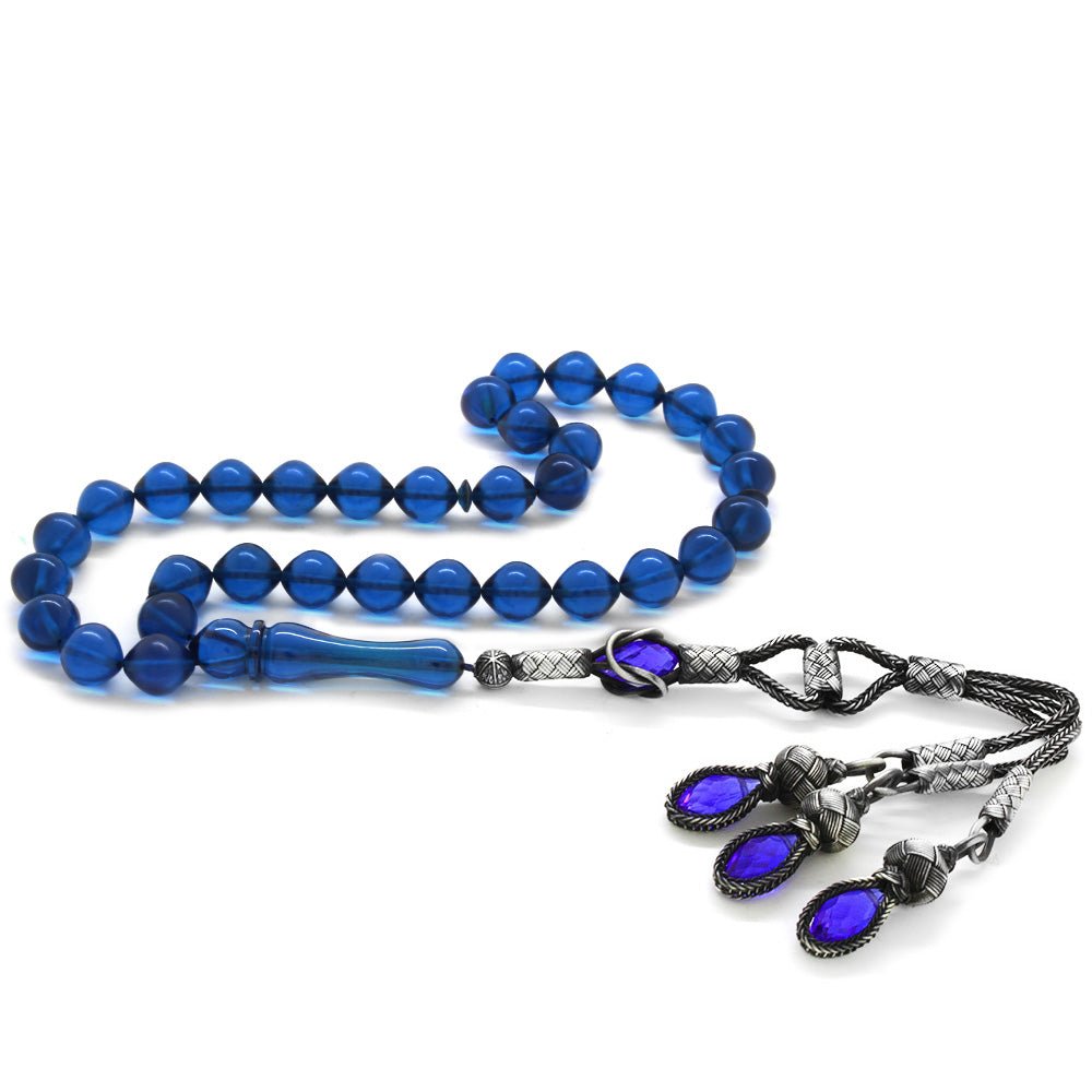 1000 Carat Silver Kazaz Tasseled Dark Blue Tight Amber Rosary - EFENDINA PAZAR - Tesbihane - 101002361