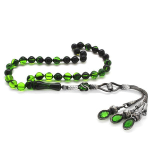 1000 Carat Silver Kazaz Tasseled Green - Black Fire Amber Rosary - EFENDINA PAZAR - Tesbihane - 101002357