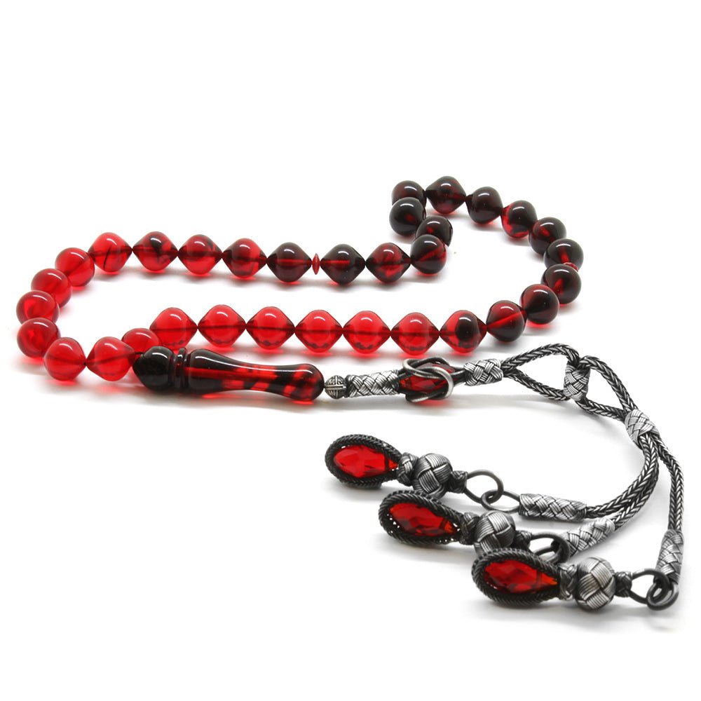 1000 Carat Silver Kazaz Tasseled Istanbul Cut Filtered Red - Black Fire Amber Rosary - EFENDINA PAZAR - Tesbihane - 101002169