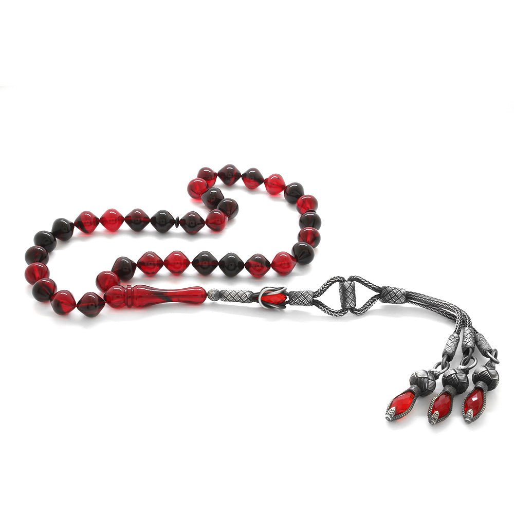 1000 Carat Silver Kazaz Tasseled Istanbul Cut Red - Black Fire Amber Rosary - EFENDINA PAZAR - Tesbihane - 101002951