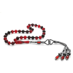 1000 Carat Silver Kazaz Tasseled Istanbul Cut Red - Black Fire Amber Rosary - EFENDINA PAZAR - Tesbihane - 101002951