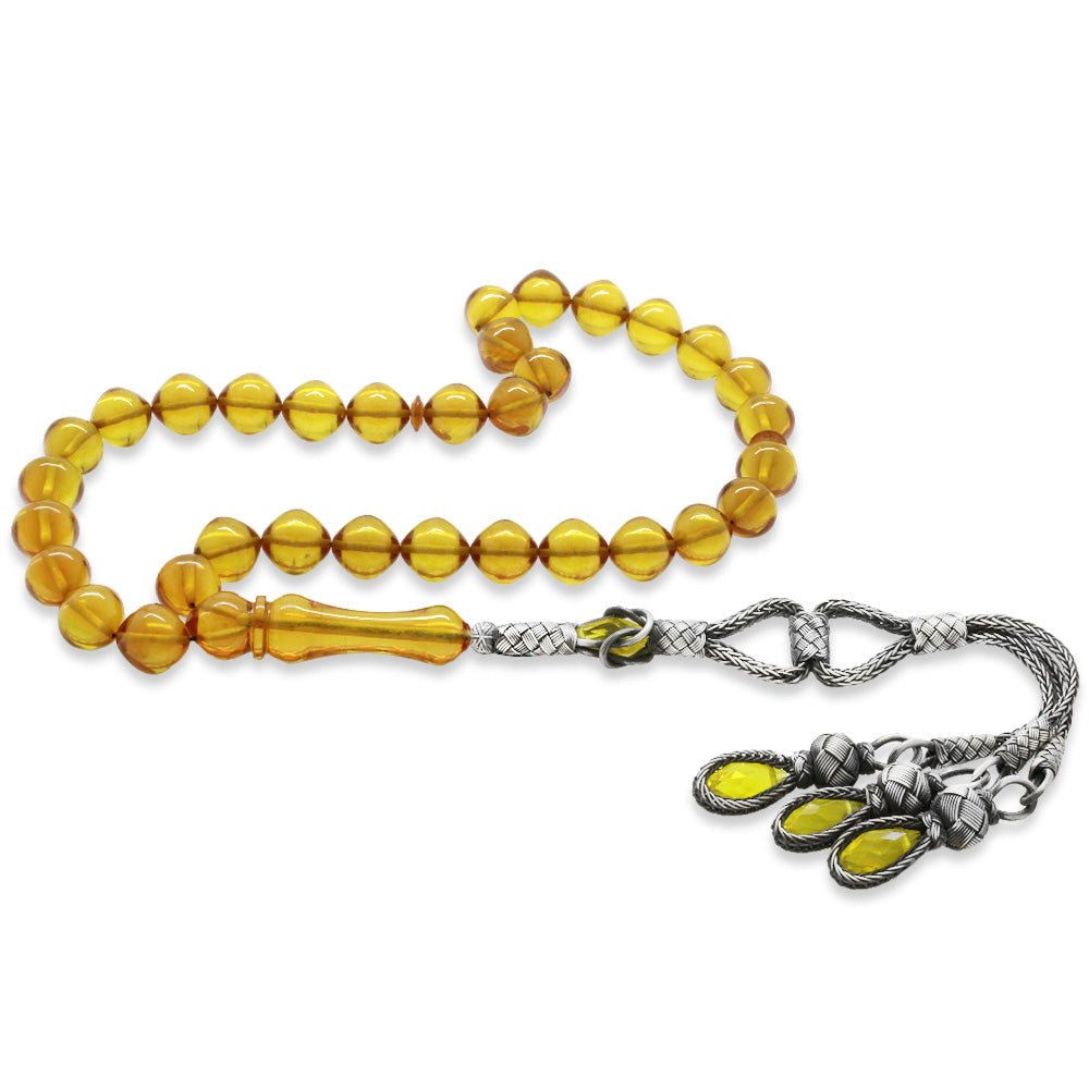 1000 Carat Silver Kazaz Tasseled Istanbul Cut Yellow Fire Amber Rosary - EFENDINA PAZAR - Tesbihane - 101004815