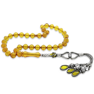 1000 Carat Silver Kazaz Tasseled Istanbul Cut Yellow Fire Amber Rosary - EFENDINA PAZAR - Tesbihane - 101004815
