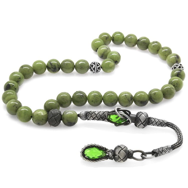 1000 Carat Silver Kazaz Tasseled Sphere Cut Jade Natural Stone Prayer Beads - EFENDINA PAZAR - Tesbihane - 101004139