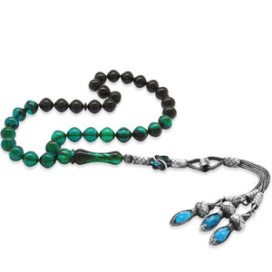 1000 Carat Silver Kazaz Tasseled Turquoise - Black Fire Amber Rosary - EFENDINA PAZAR - Tesbihane - 101002355