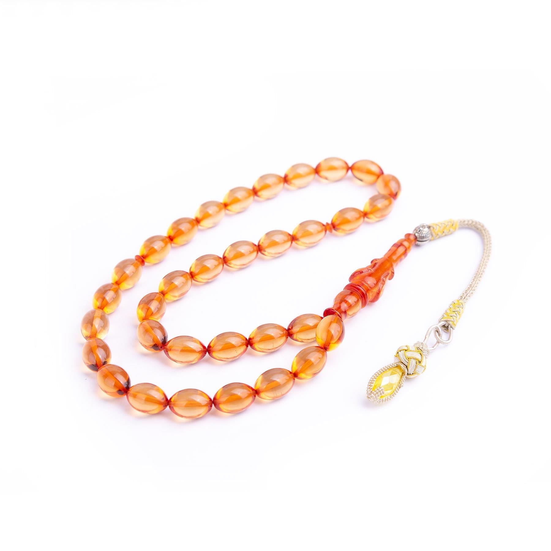 1000 Carat Silver Plain Cut Fire Amber Rosary with Kazaz Tassels - EFENDINA PAZAR - Ve Tesbih - vealisveris - Z3178
