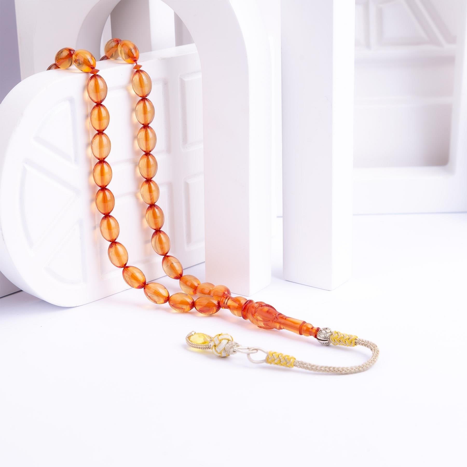 1000 Carat Silver Plain Cut Fire Amber Rosary with Kazaz Tassels - EFENDINA PAZAR - Ve Tesbih - vealisveris - Z3178