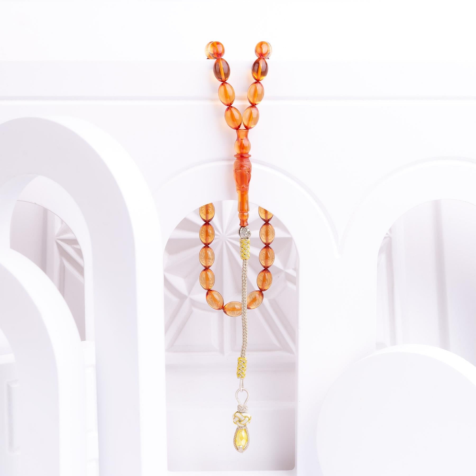 1000 Carat Silver Plain Cut Fire Amber Rosary with Kazaz Tassels - EFENDINA PAZAR - Ve Tesbih - vealisveris - Z3178