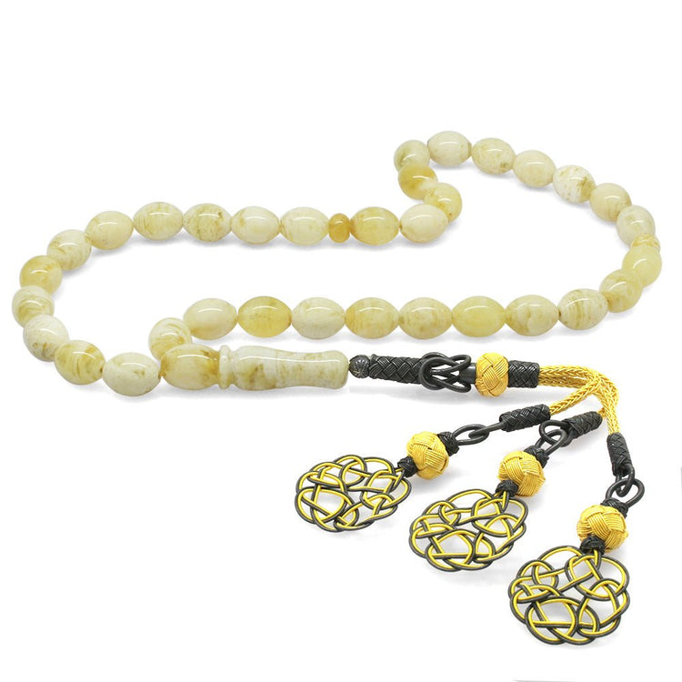 1000 Carat Yellow - Grey Kazaz Tasseled Barley Cut King Seccer Yellow - White Moire Drop Amber Rosary - EFENDINA PAZAR - Tesbihane - 101004296