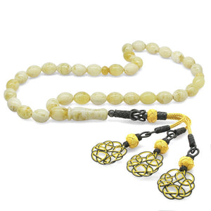 1000 Carat Yellow - Grey Kazaz Tasseled Barley Cut King Seccer Yellow - White Moire Drop Amber Rosary - EFENDINA PAZAR - Tesbihane - 101004296
