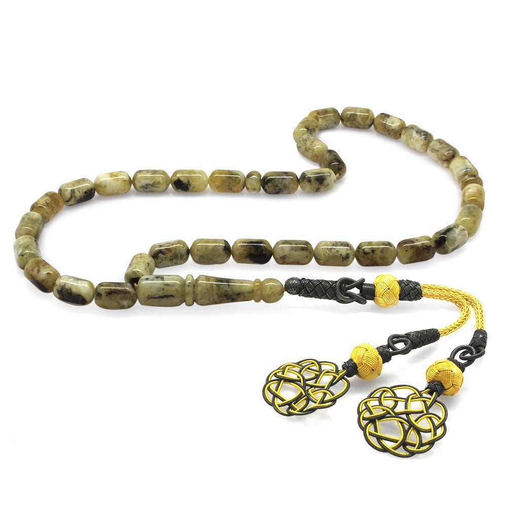 1000 Carat Yellow - Grey Kazaz Tasseled Capsule Cut Dalmatian Drop Amber Rosary - EFENDINA PAZAR - Tesbihane - 101004293