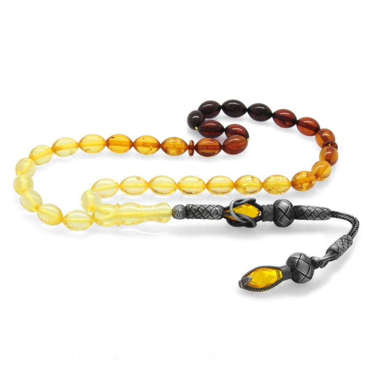 1000 Carat Yellow Solitaire Kazaz Tasseled Barley Cut Yellow - Red Drop Amber Rosary - EFENDINA PAZAR - Tesbihane - 101003074