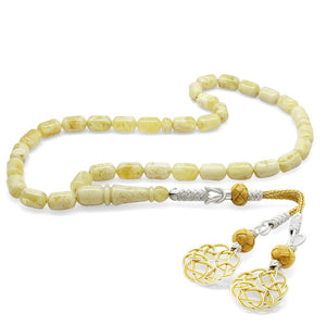 1000 Carat Yellow - White Kazaz Tasseled Capsule Cut King Seccer Drop Amber Tasbih - EFENDINA PAZAR - Tesbihane - 101004308