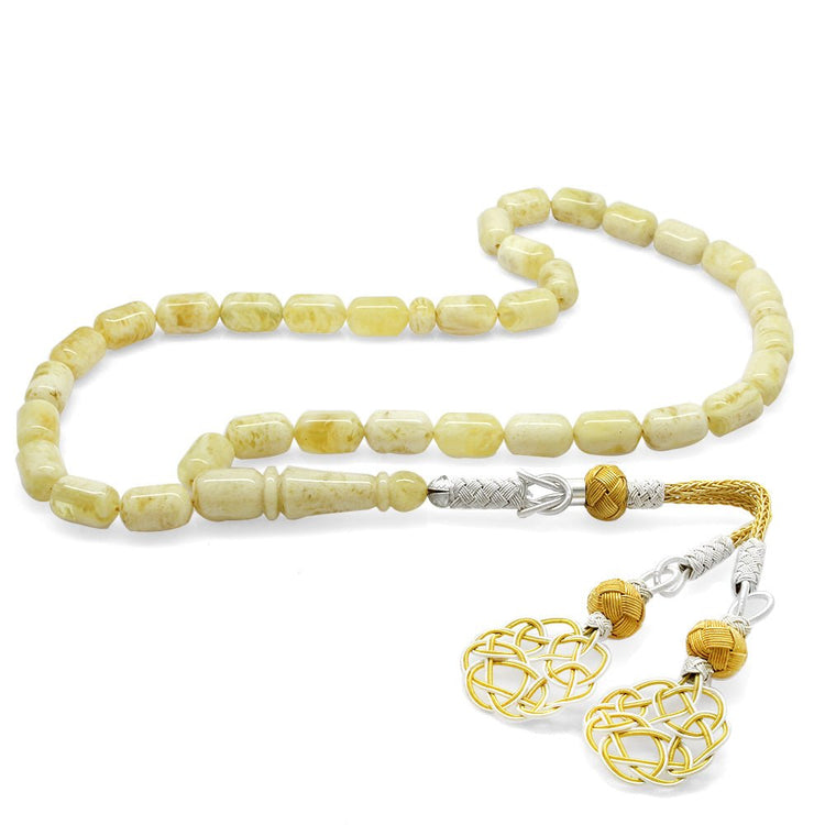 1000 Carat Yellow - White Kazaz Tasseled Capsule Cut King Seccer Drop Amber Tasbih - EFENDINA PAZAR - Tesbihane - 101004308