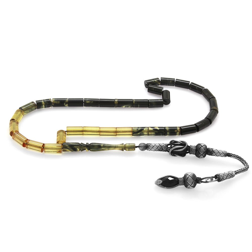 1000 Sterling Silver Black - White Fire Amber Rosary - EFENDINA PAZAR - Tesbihane - 101003264