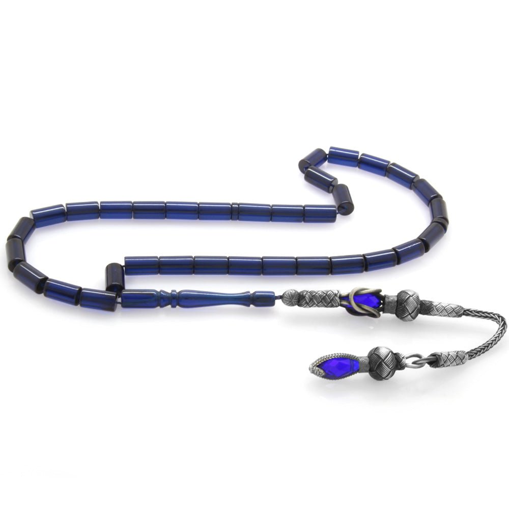 1000 Sterling Silver Dark Blue Crimped Amber Rosary - EFENDINA PAZAR - Tesbihane - 101003257