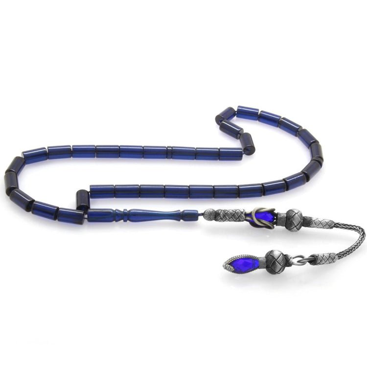 1000 Sterling Silver Dark Blue Crimped Amber Rosary - EFENDINA PAZAR - Tesbihane - 101003257