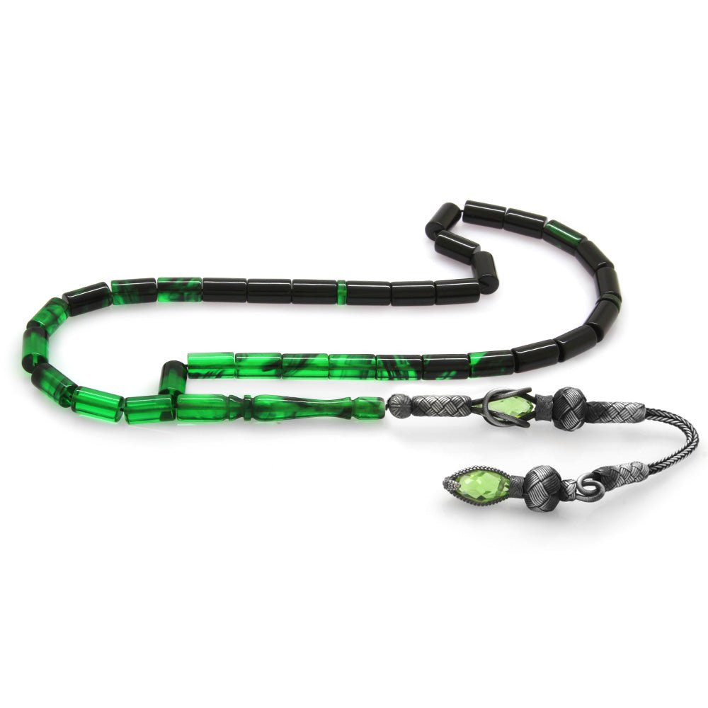 1000 Sterling Silver Green - Black Fire Amber Rosary - EFENDINA PAZAR - Tesbihane - 101003265