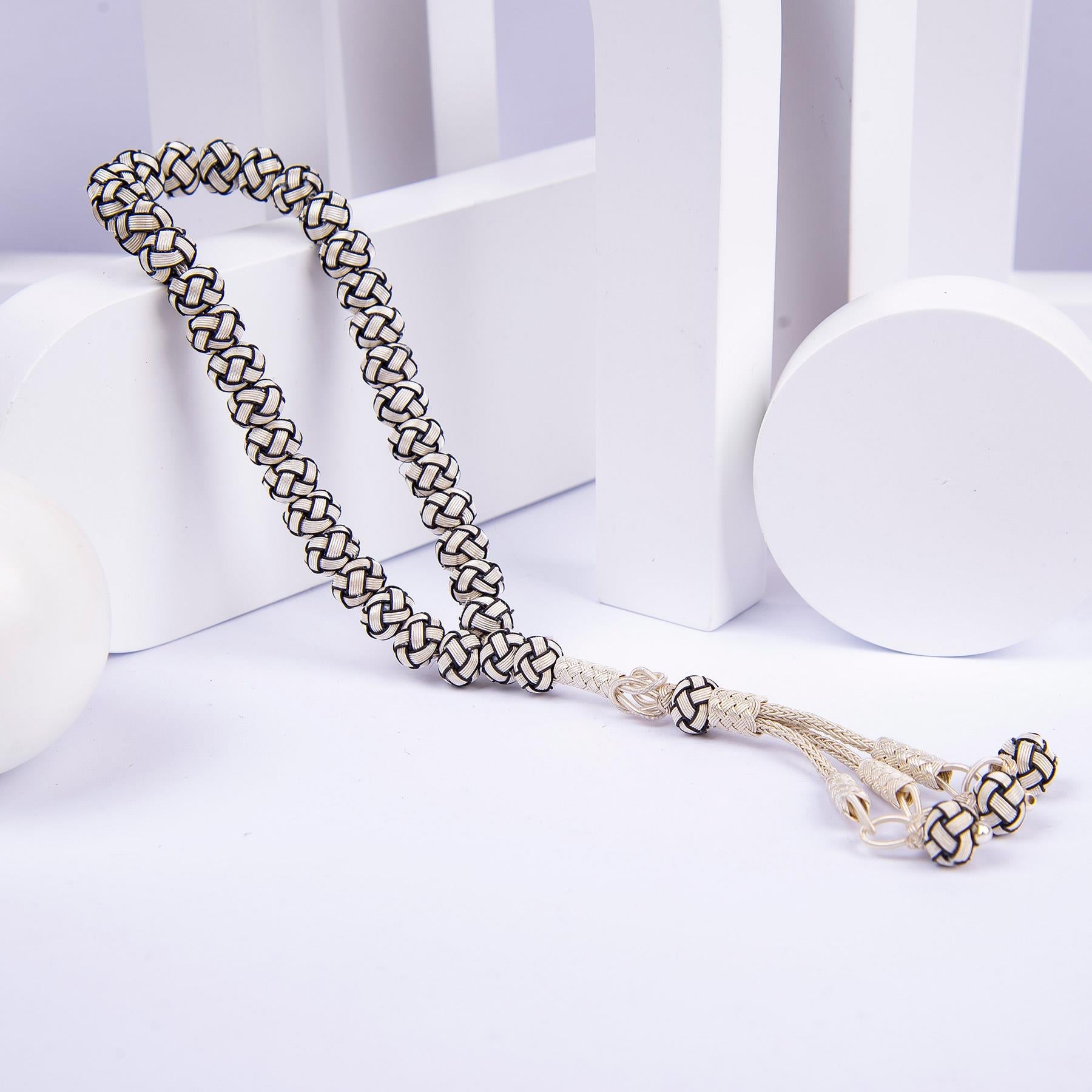 1000 Sterling Silver Kazaz Knitted Black and White Fan Prayer beads - EFENDINA PAZAR - Ve Tesbih - vealisveris - Z1425