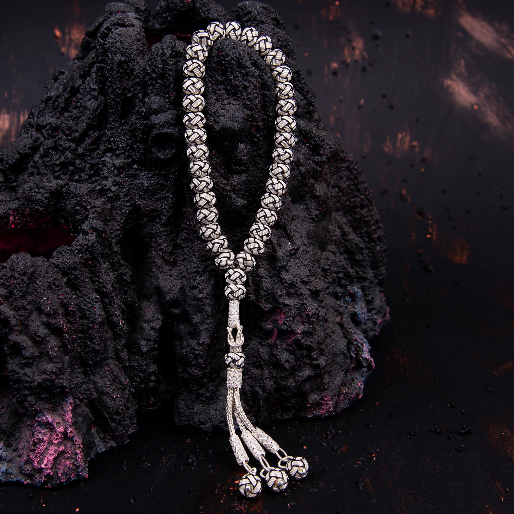 1000 Sterling Silver Kazaz Knitted Black and White Fan Prayer beads - EFENDINA PAZAR - Ve Tesbih - vealisveris - Z1425