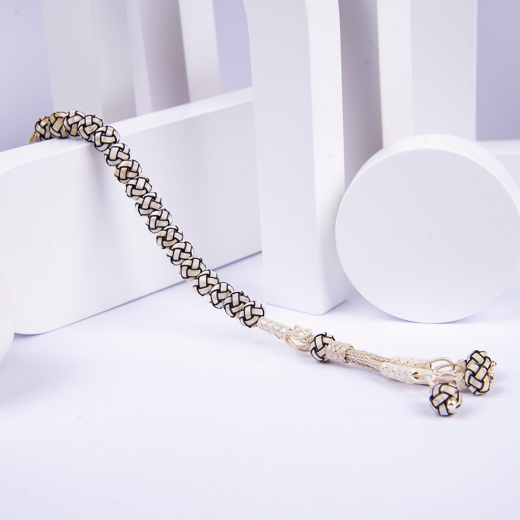 1000 Sterling Silver Kazaz Knitted Black and White Fan Zaza - EFENDINA PAZAR - Ve Tesbih - vealisveris - Z1421