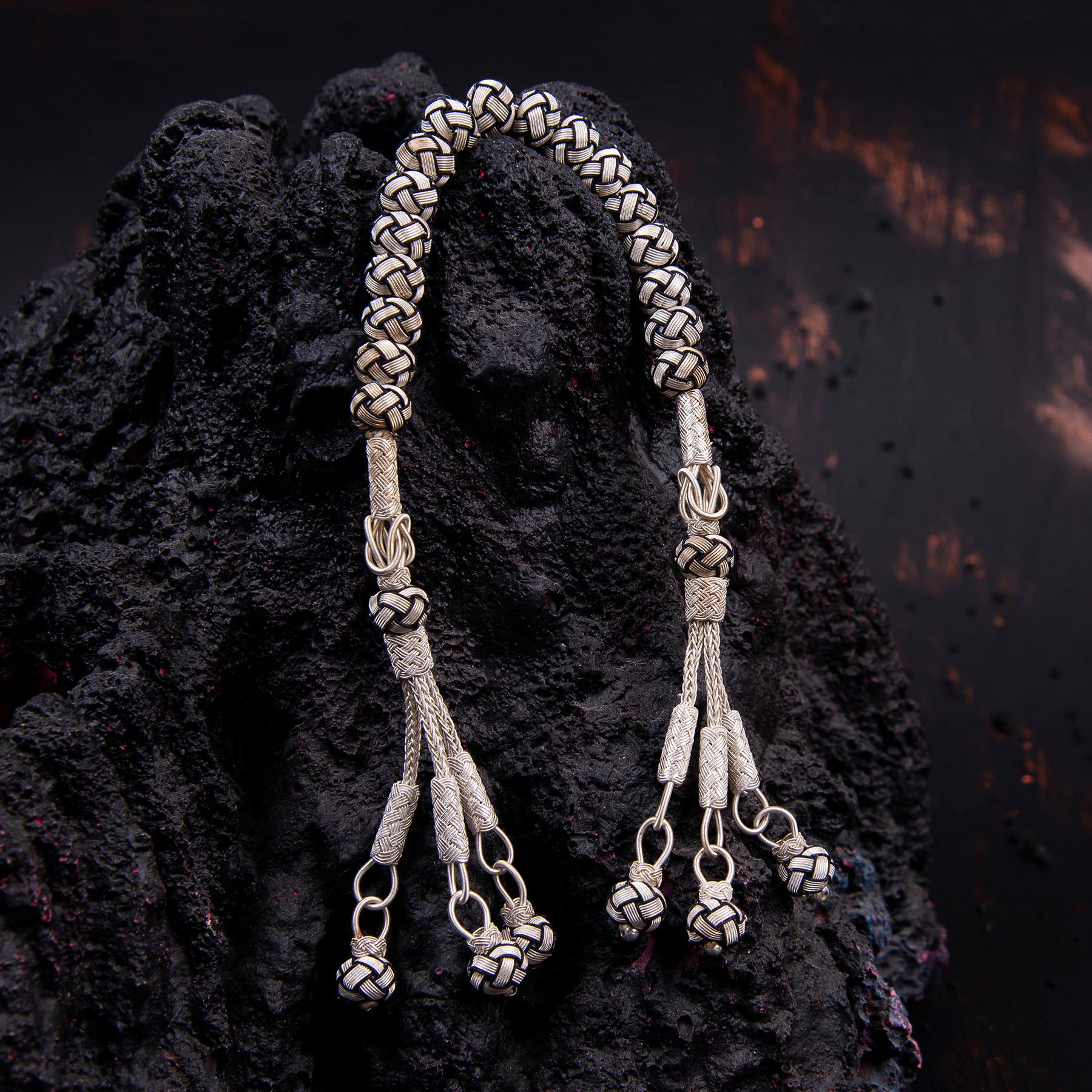 1000 Sterling Silver Kazaz Knitted Black and White Fan Zaza - EFENDINA PAZAR - Ve Tesbih - vealisveris - Z1421