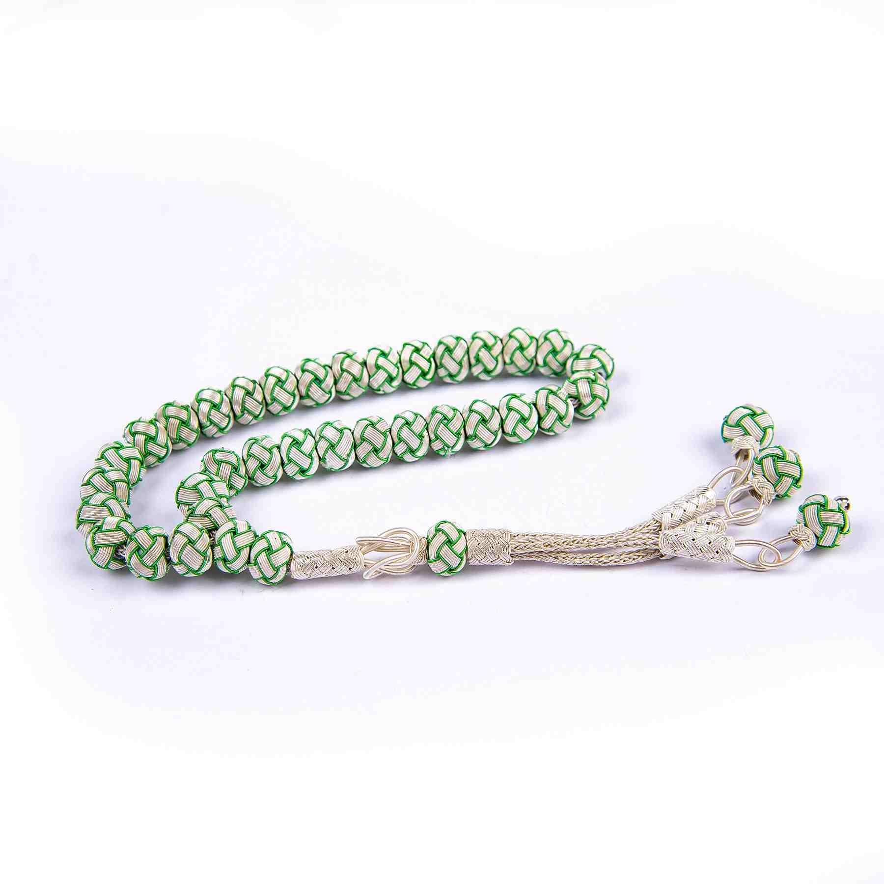 1000 Sterling Silver Kazaz Knitted Green White Fan Prayer Beads - EFENDINA PAZAR - Ve Tesbih - vealisveris - Z1426