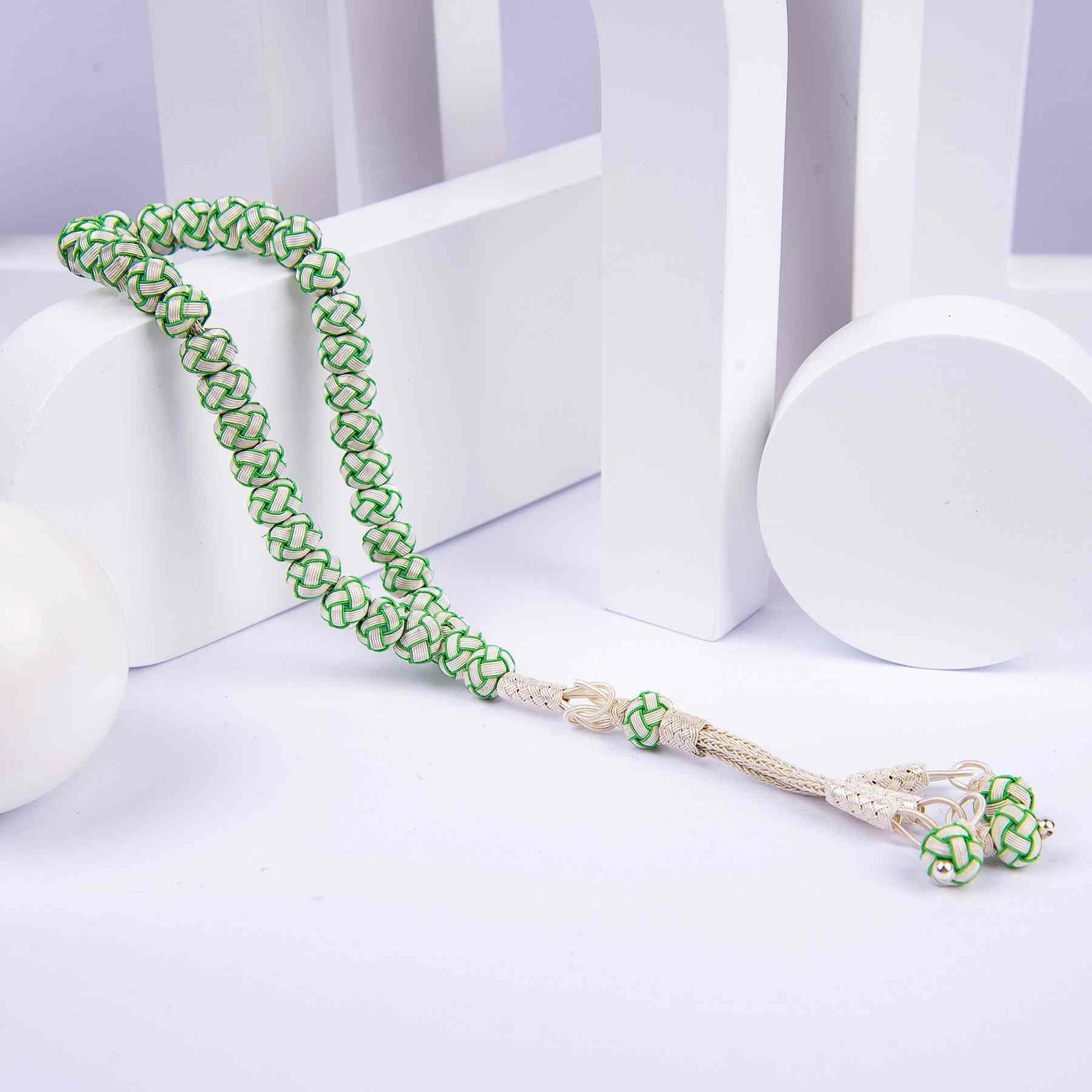 1000 Sterling Silver Kazaz Knitted Green White Fan Prayer Beads - EFENDINA PAZAR - Ve Tesbih - vealisveris - Z1426