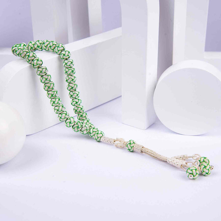 1000 Sterling Silver Kazaz Knitted Green White Fan Prayer Beads - EFENDINA PAZAR - Ve Tesbih - vealisveris - Z1426