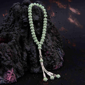 1000 Sterling Silver Kazaz Knitted Green White Fan Prayer Beads - EFENDINA PAZAR - Ve Tesbih - vealisveris - Z1426