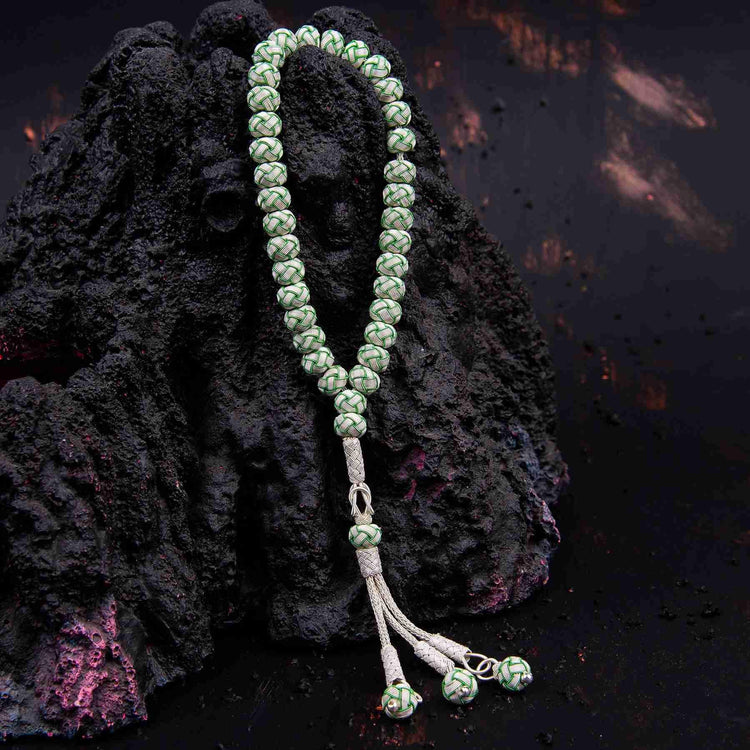 1000 Sterling Silver Kazaz Knitted Green White Fan Prayer Beads - EFENDINA PAZAR - Ve Tesbih - vealisveris - Z1426