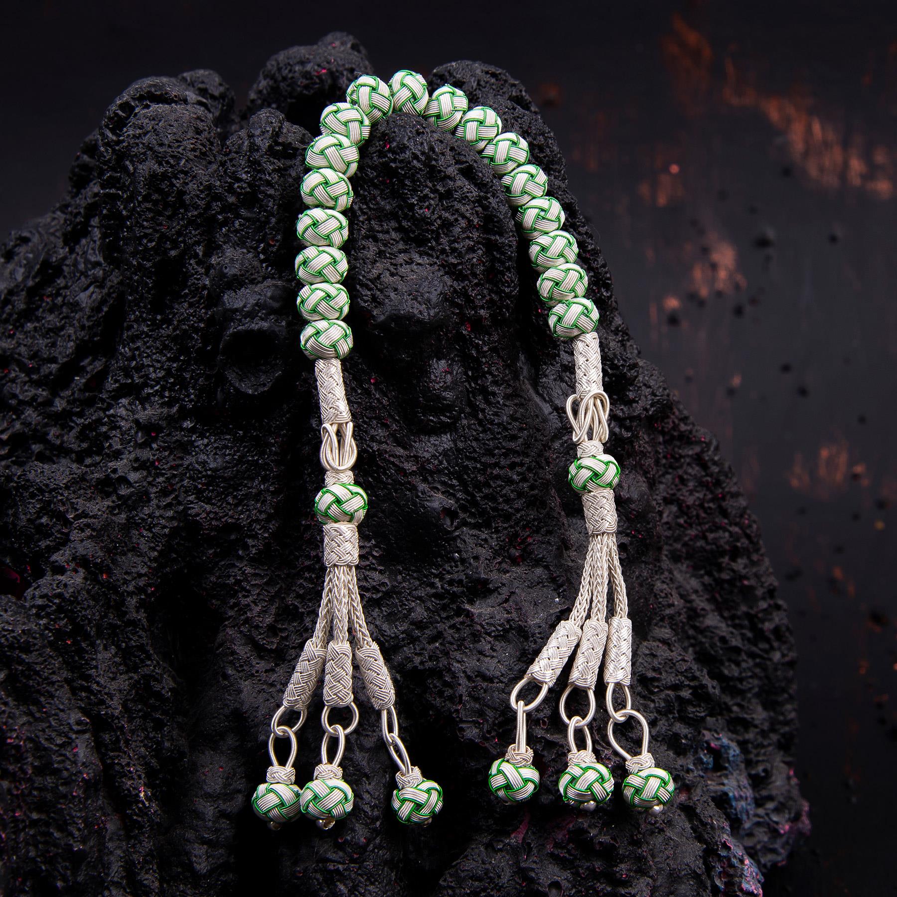 1000 Sterling Silver Kazaz Knitted Green White Fan Zaza Prayer Beads - EFENDINA PAZAR - Ve Tesbih - vealisveris - Z1420