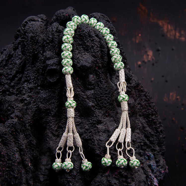 1000 Sterling Silver Kazaz Knitted Green White Fan Zaza Prayer Beads - EFENDINA PAZAR - Ve Tesbih - vealisveris - Z1420