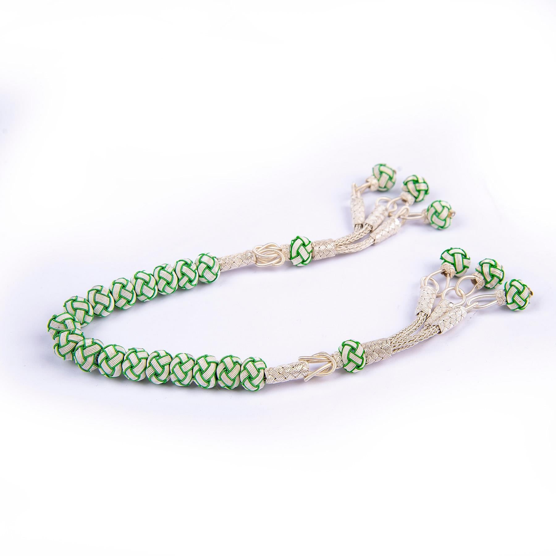 1000 Sterling Silver Kazaz Knitted Green White Fan Zaza Prayer Beads - EFENDINA PAZAR - Ve Tesbih - vealisveris - Z1420