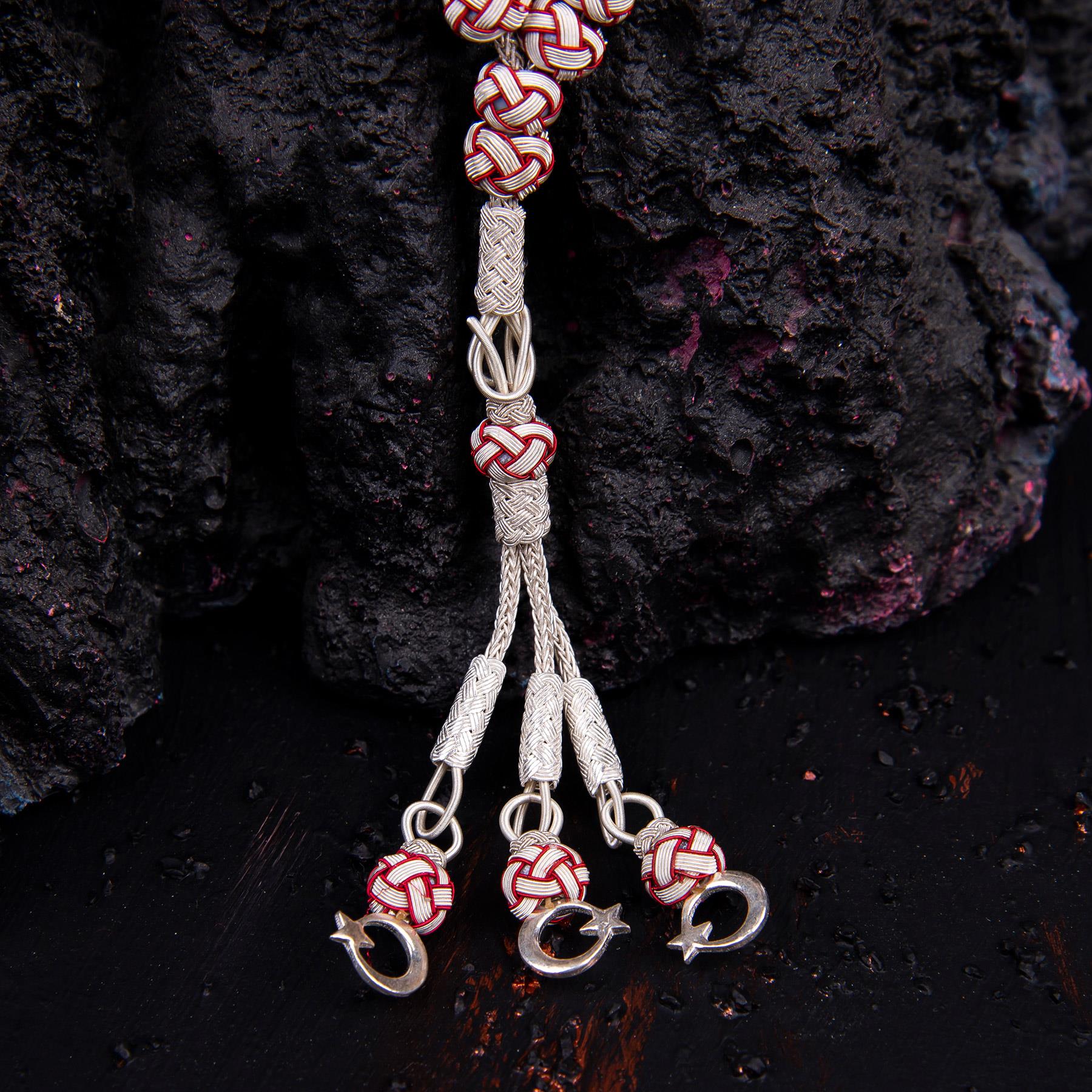 1000 Sterling Silver Kazaz Knitted Red White Fan Prayer Beads - EFENDINA PAZAR - Ve Tesbih - vealisveris - Z1427