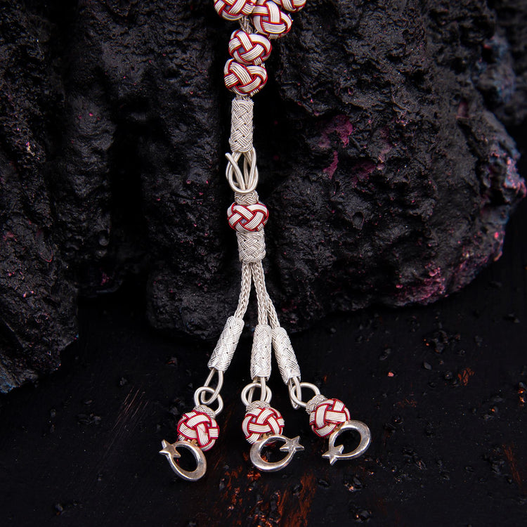 1000 Sterling Silver Kazaz Knitted Red White Fan Prayer Beads - EFENDINA PAZAR - Ve Tesbih - vealisveris - Z1427