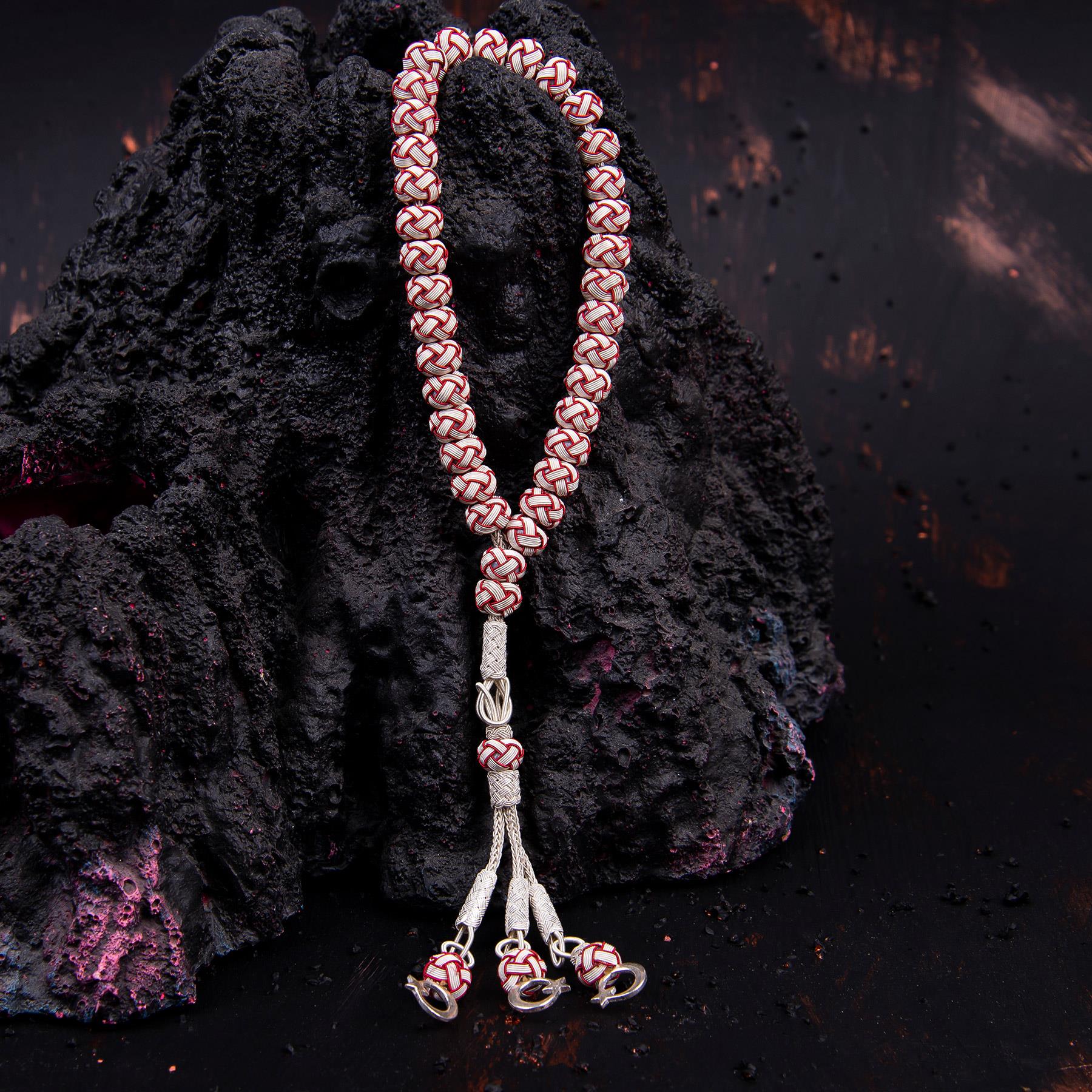 1000 Sterling Silver Kazaz Knitted Red White Fan Prayer Beads - EFENDINA PAZAR - Ve Tesbih - vealisveris - Z1427