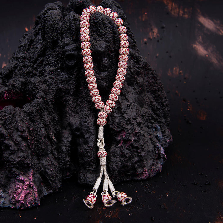 1000 Sterling Silver Kazaz Knitted Red White Fan Prayer Beads - EFENDINA PAZAR - Ve Tesbih - vealisveris - Z1427
