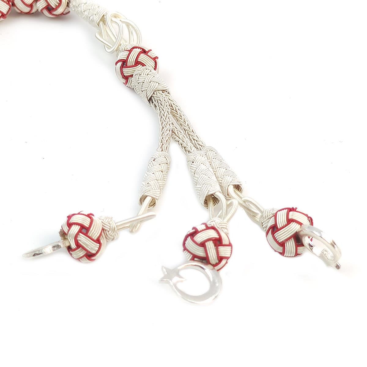 1000 Sterling Silver Kazaz Knitted Red White Fan Prayer Beads - EFENDINA PAZAR - Ve Tesbih - vealisveris - Z1427