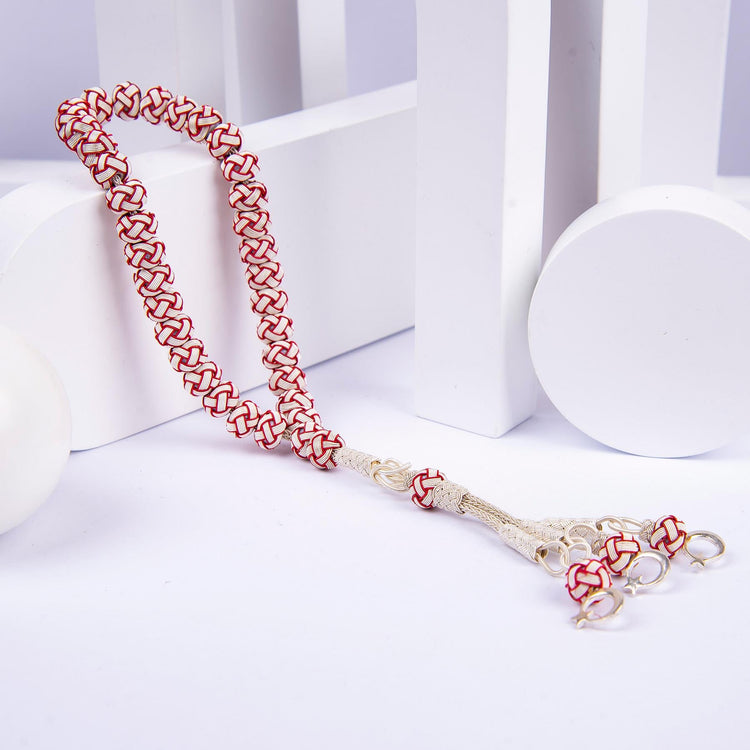 1000 Sterling Silver Kazaz Knitted Red White Fan Prayer Beads - EFENDINA PAZAR - Ve Tesbih - vealisveris - Z1427