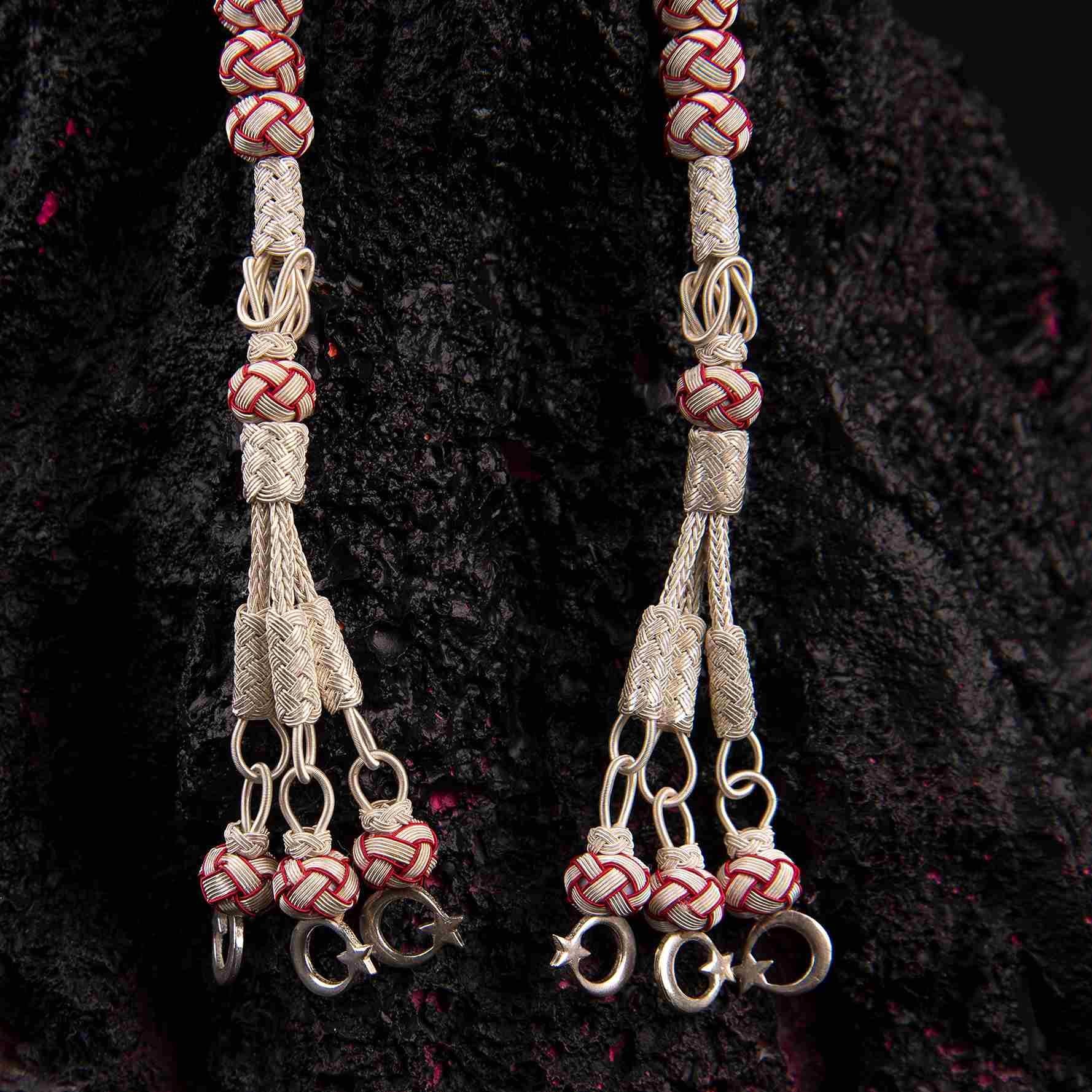 1000 Sterling Silver Kazaz Knitted Red White Fan Zaza Tasbih - EFENDINA PAZAR - Ve Tesbih - vealisveris - Z2548