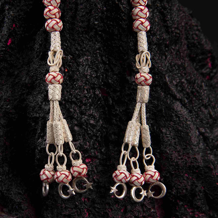 1000 Sterling Silver Kazaz Knitted Red White Fan Zaza Tasbih - EFENDINA PAZAR - Ve Tesbih - vealisveris - Z2548
