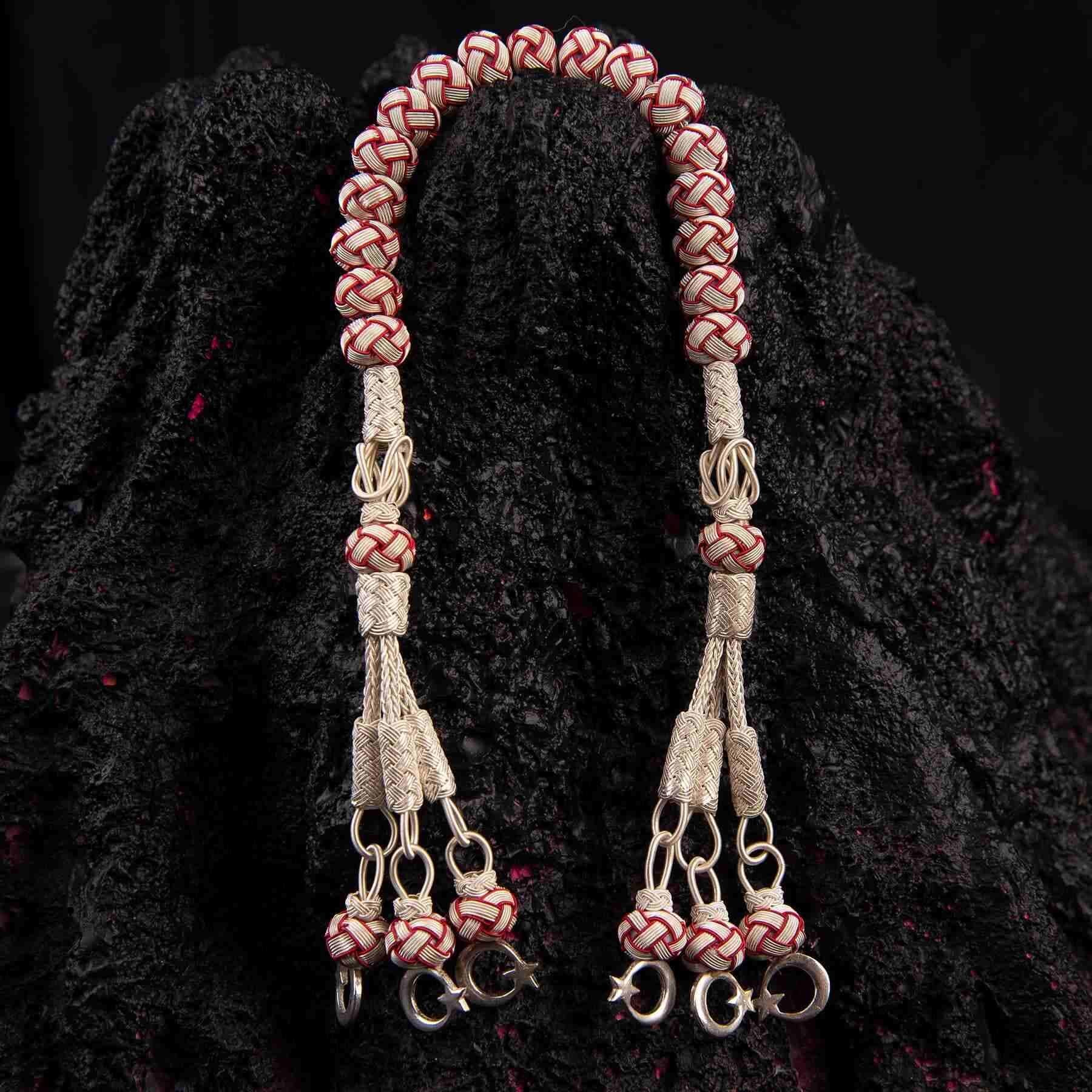 1000 Sterling Silver Kazaz Knitted Red White Fan Zaza Tasbih - EFENDINA PAZAR - Ve Tesbih - vealisveris - Z2548