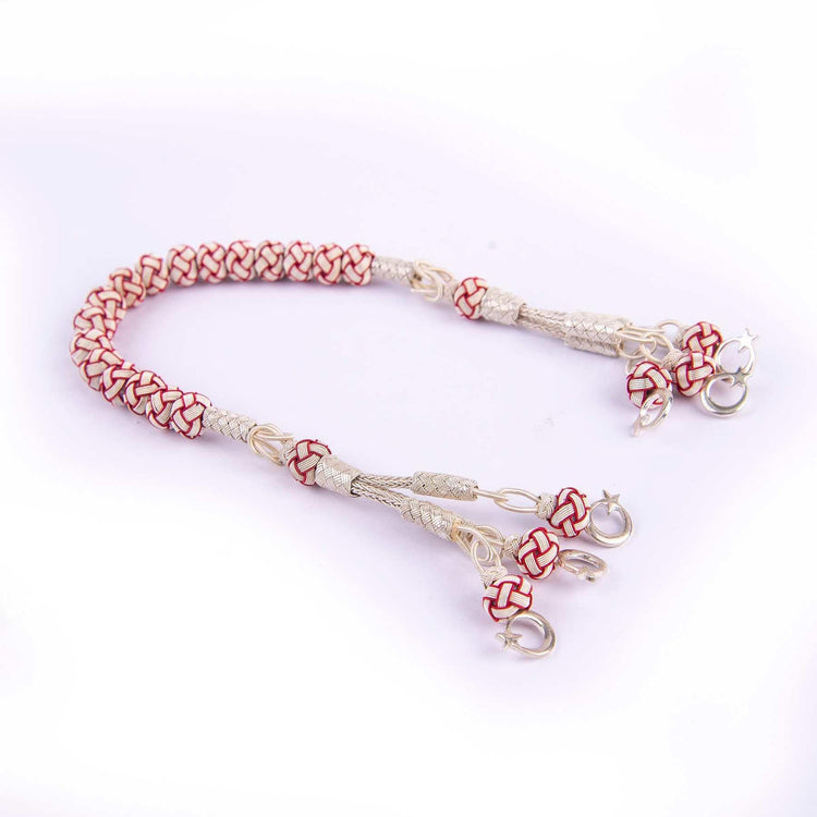 1000 Sterling Silver Kazaz Knitted Red White Fan Zaza Tasbih - EFENDINA PAZAR - Ve Tesbih - vealisveris - Z2548
