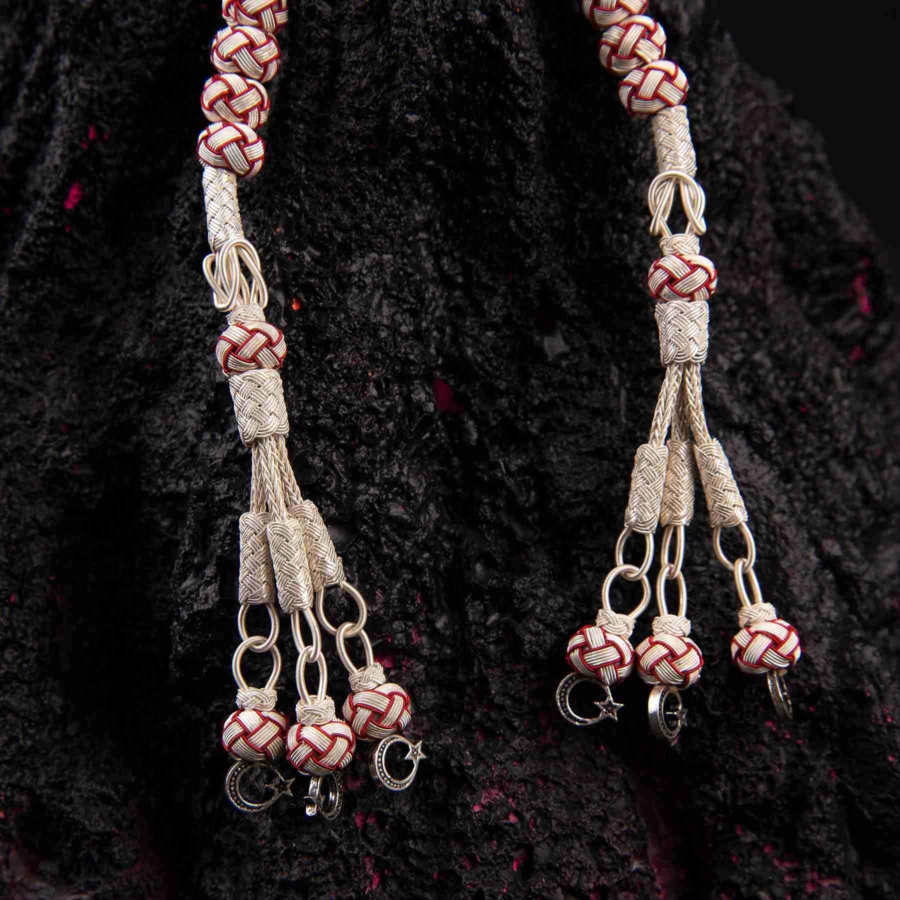 1000 Sterling Silver Kazaz Knitted Red White Fan Zaza Tasbih - EFENDINA PAZAR - Ve Tesbih - vealisveris - Z2549